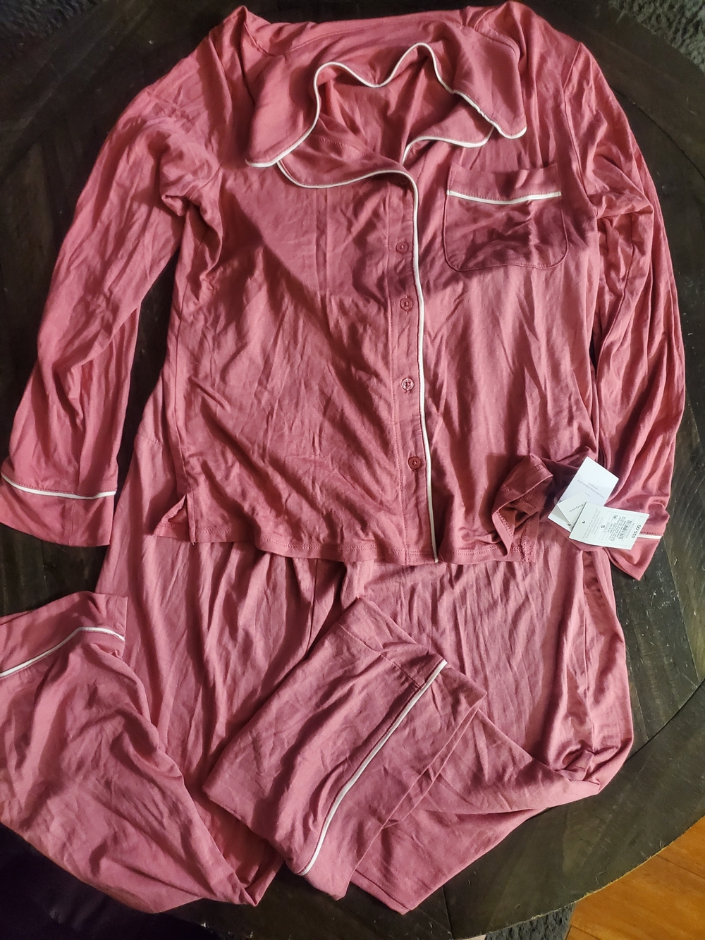 Auden Pink Long-Sleeve Pajama Set with Contrast Piping - Picture 2 of 3
